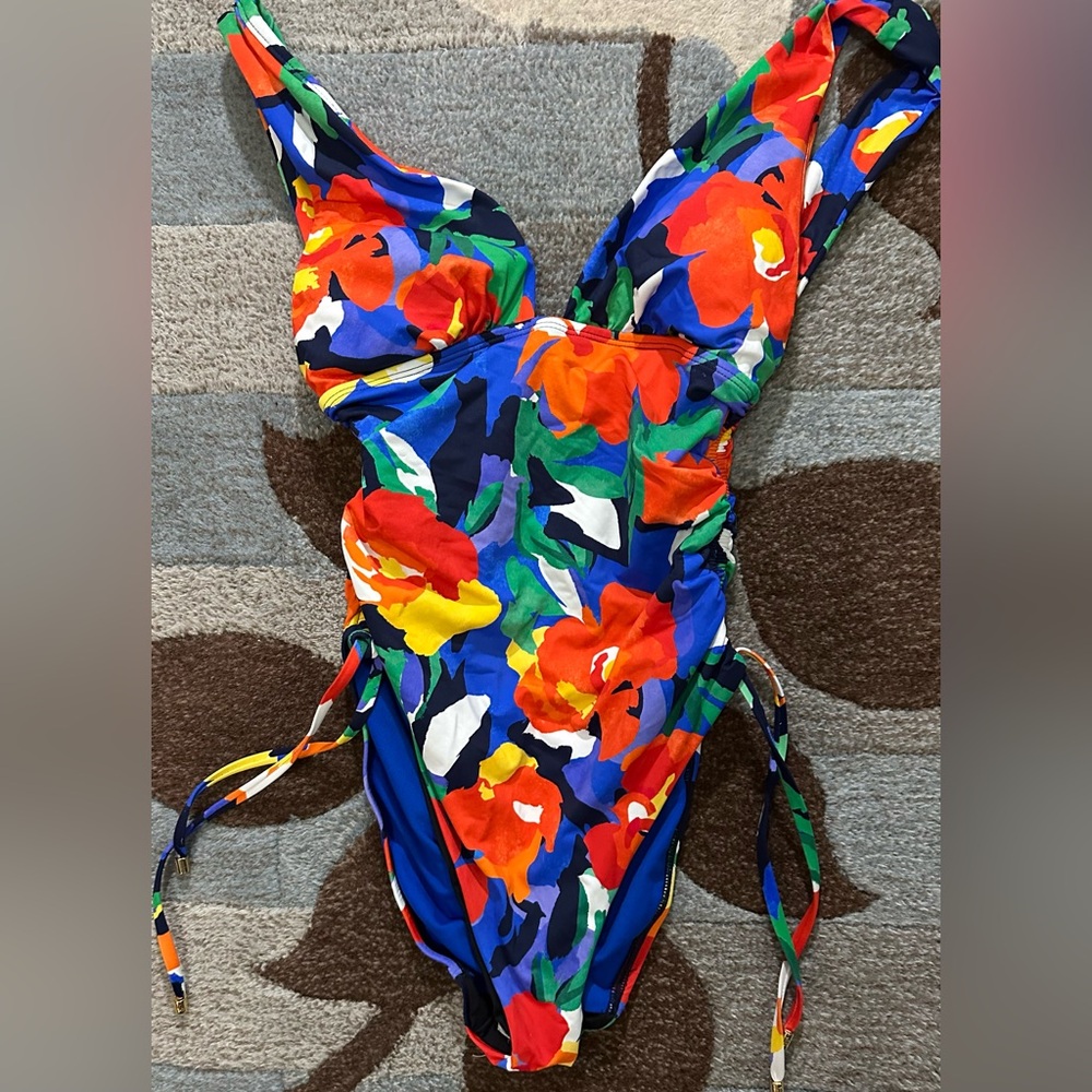 LRL Lauren Ralph Lauren Floral Shirred Plunge One Piece Swimsuit - Picture 2 of 9